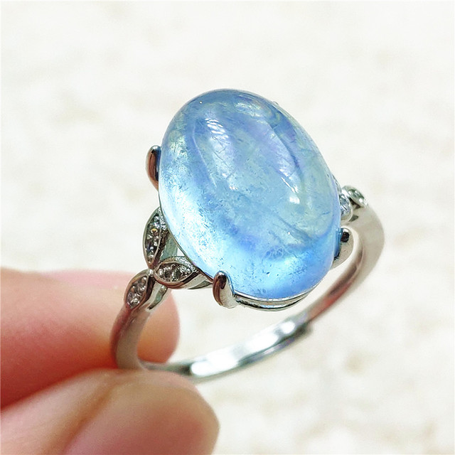 Pierścień z naturalnym niebieskim akwamarynem, kryształem jasnym koralikiem i srebrnym prostokątnym owalnym 925 pierścieniem AAAAA - Wianko - 2