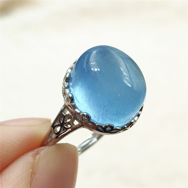 Pierścień z naturalnym niebieskim akwamarynem, kryształem jasnym koralikiem i srebrnym prostokątnym owalnym 925 pierścieniem AAAAA - Wianko - 50