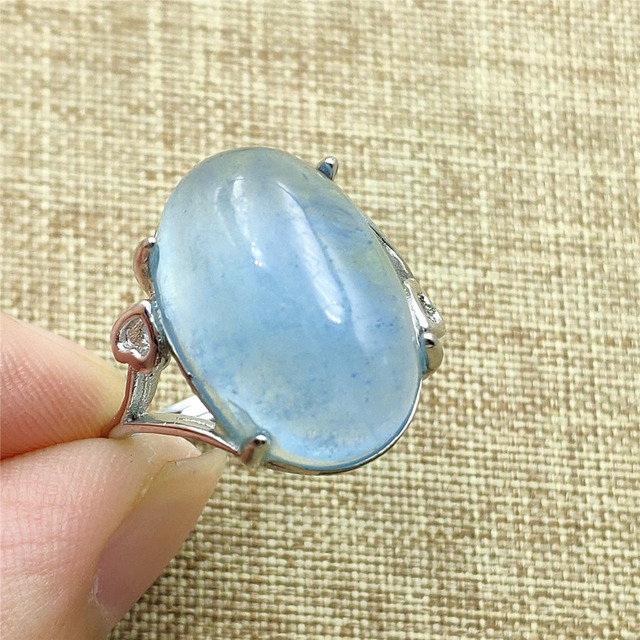 Pierścień z naturalnym niebieskim akwamarynem, kryształem jasnym koralikiem i srebrnym prostokątnym owalnym 925 pierścieniem AAAAA - Wianko - 82