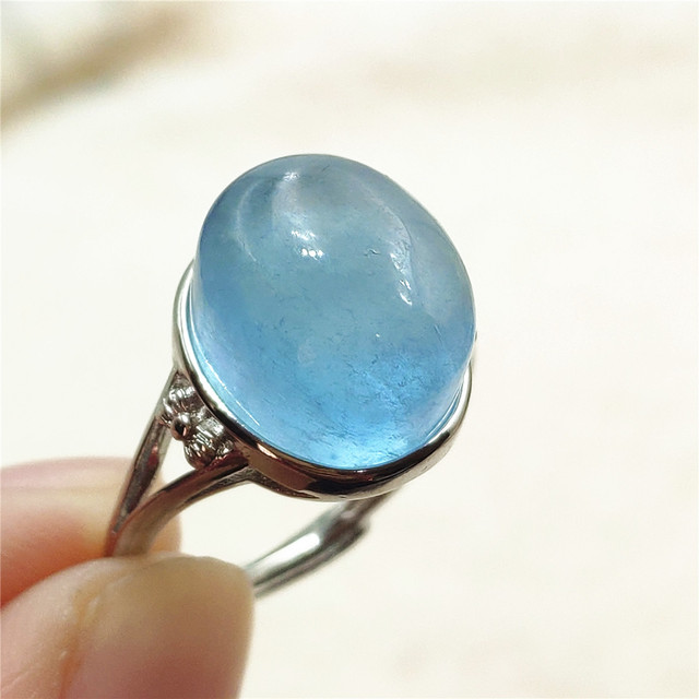 Pierścień z naturalnym niebieskim akwamarynem, kryształem jasnym koralikiem i srebrnym prostokątnym owalnym 925 pierścieniem AAAAA - Wianko - 62
