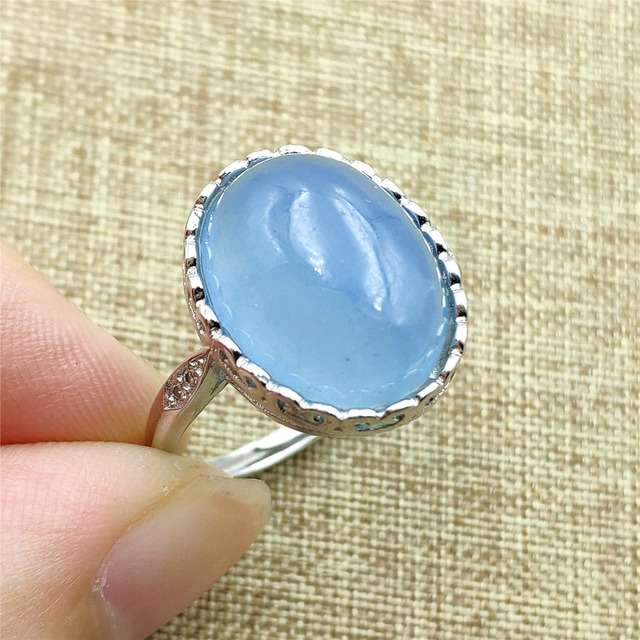 Pierścień z naturalnym niebieskim akwamarynem, kryształem jasnym koralikiem i srebrnym prostokątnym owalnym 925 pierścieniem AAAAA - Wianko - 106