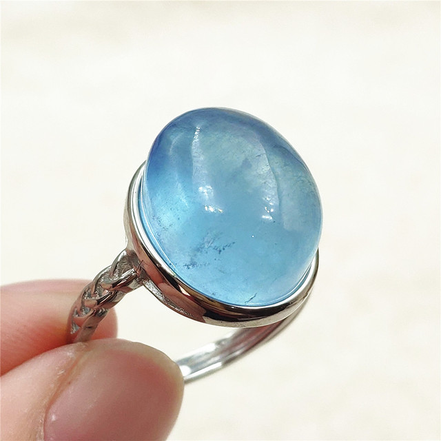 Pierścień z naturalnym niebieskim akwamarynem, kryształem jasnym koralikiem i srebrnym prostokątnym owalnym 925 pierścieniem AAAAA - Wianko - 58
