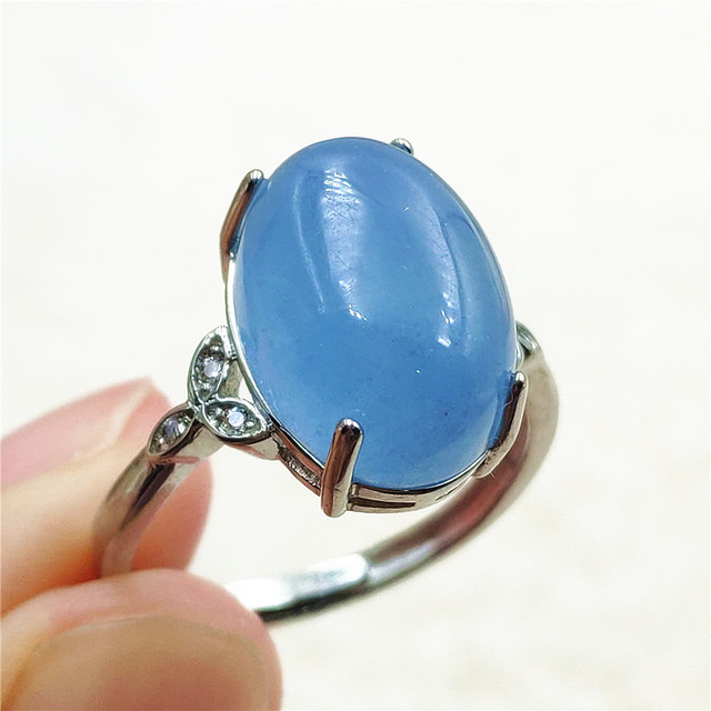 Pierścień z naturalnym niebieskim akwamarynem, kryształem jasnym koralikiem i srebrnym prostokątnym owalnym 925 pierścieniem AAAAA - Wianko - 24