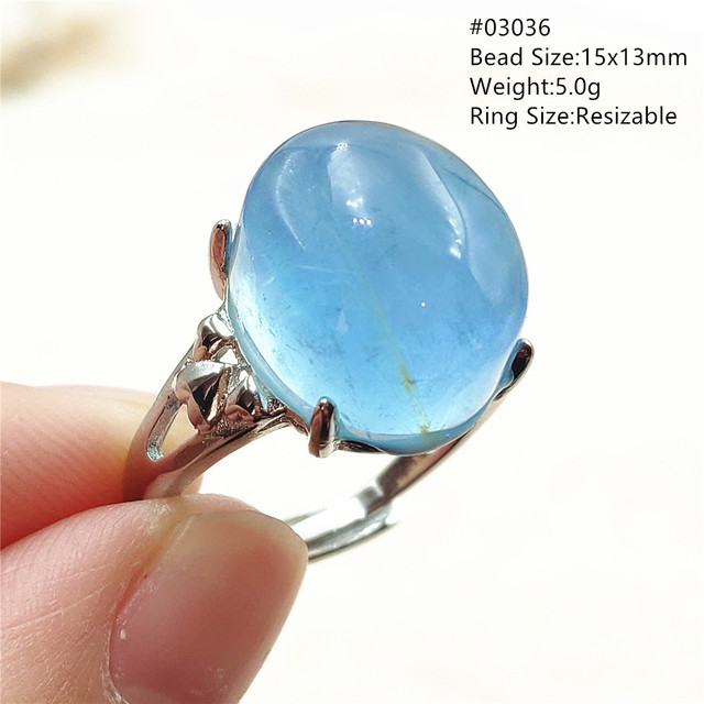 Pierścień z naturalnym niebieskim akwamarynem, kryształem jasnym koralikiem i srebrnym prostokątnym owalnym 925 pierścieniem AAAAA - Wianko - 59