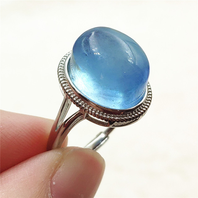 Pierścień z naturalnym niebieskim akwamarynem, kryształem jasnym koralikiem i srebrnym prostokątnym owalnym 925 pierścieniem AAAAA - Wianko - 112