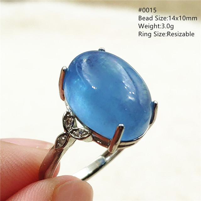 Pierścień z naturalnym niebieskim akwamarynem, kryształem jasnym koralikiem i srebrnym prostokątnym owalnym 925 pierścieniem AAAAA - Wianko - 29