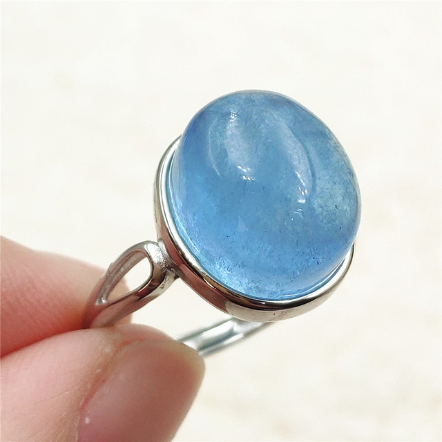 Pierścień z naturalnym niebieskim akwamarynem, kryształem jasnym koralikiem i srebrnym prostokątnym owalnym 925 pierścieniem AAAAA - Wianko - 34
