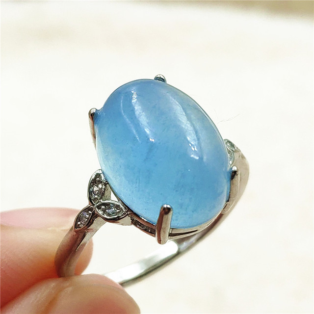 Pierścień z naturalnym niebieskim akwamarynem, kryształem jasnym koralikiem i srebrnym prostokątnym owalnym 925 pierścieniem AAAAA - Wianko - 18