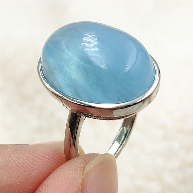 Pierścień z naturalnym niebieskim akwamarynem, kryształem jasnym koralikiem i srebrnym prostokątnym owalnym 925 pierścieniem AAAAA - Wianko - 92