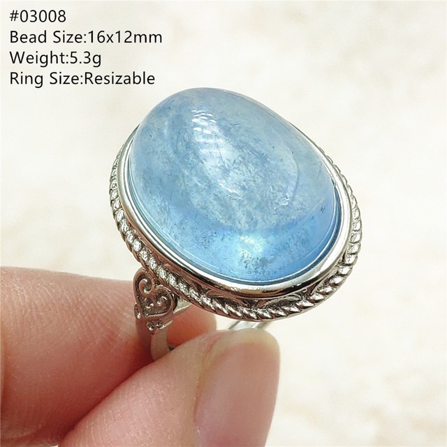 Pierścień z naturalnym niebieskim akwamarynem, kryształem jasnym koralikiem i srebrnym prostokątnym owalnym 925 pierścieniem AAAAA - Wianko - 95