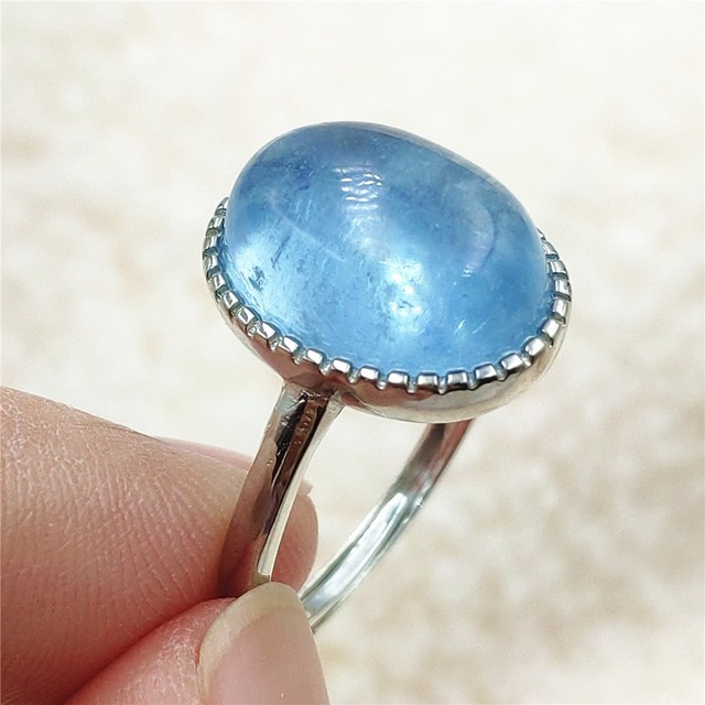 Pierścień z naturalnym niebieskim akwamarynem, kryształem jasnym koralikiem i srebrnym prostokątnym owalnym 925 pierścieniem AAAAA - Wianko - 94