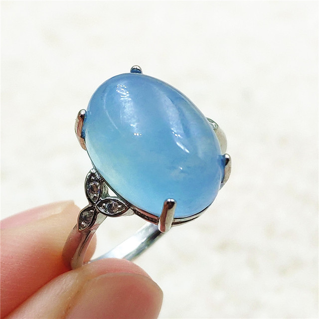 Pierścień z naturalnym niebieskim akwamarynem, kryształem jasnym koralikiem i srebrnym prostokątnym owalnym 925 pierścieniem AAAAA - Wianko - 12