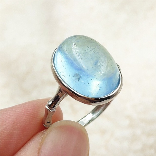Pierścień z naturalnym niebieskim akwamarynem, kryształem jasnym koralikiem i srebrnym prostokątnym owalnym 925 pierścieniem AAAAA - Wianko - 88