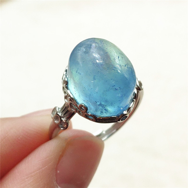 Pierścień z naturalnym niebieskim akwamarynem, kryształem jasnym koralikiem i srebrnym prostokątnym owalnym 925 pierścieniem AAAAA - Wianko - 32