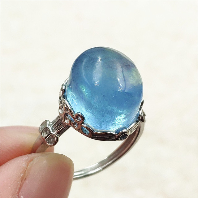 Pierścień z naturalnym niebieskim akwamarynem, kryształem jasnym koralikiem i srebrnym prostokątnym owalnym 925 pierścieniem AAAAA - Wianko - 116