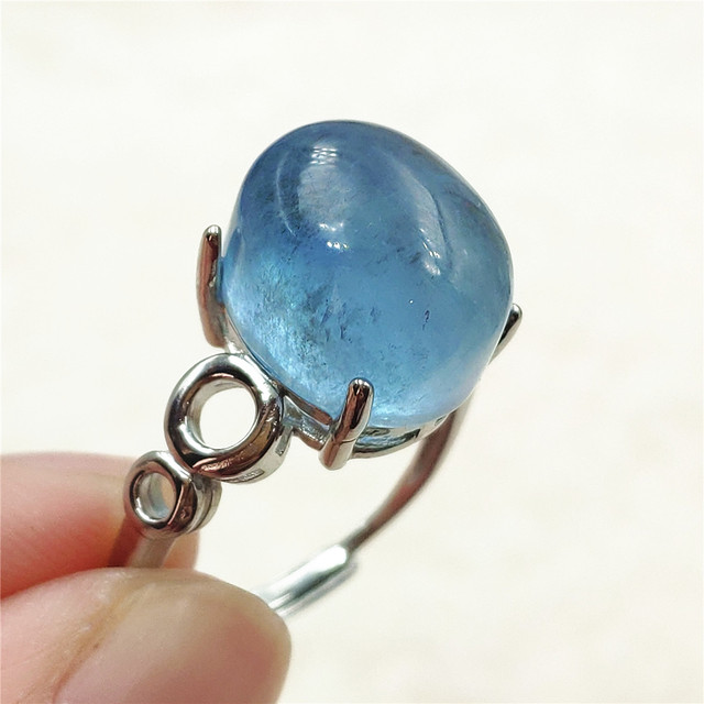 Pierścień z naturalnym niebieskim akwamarynem, kryształem jasnym koralikiem i srebrnym prostokątnym owalnym 925 pierścieniem AAAAA - Wianko - 114
