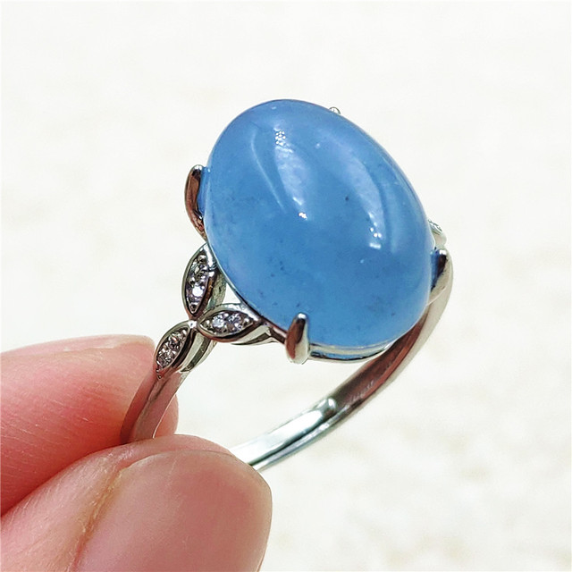 Pierścień z naturalnym niebieskim akwamarynem, kryształem jasnym koralikiem i srebrnym prostokątnym owalnym 925 pierścieniem AAAAA - Wianko - 22