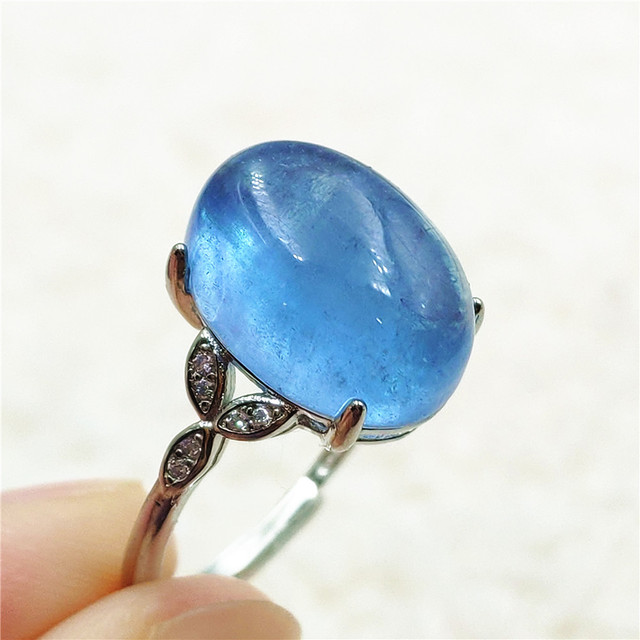 Pierścień z naturalnym niebieskim akwamarynem, kryształem jasnym koralikiem i srebrnym prostokątnym owalnym 925 pierścieniem AAAAA - Wianko - 6