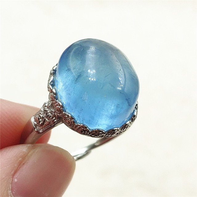 Pierścień z naturalnym niebieskim akwamarynem, kryształem jasnym koralikiem i srebrnym prostokątnym owalnym 925 pierścieniem AAAAA - Wianko - 54