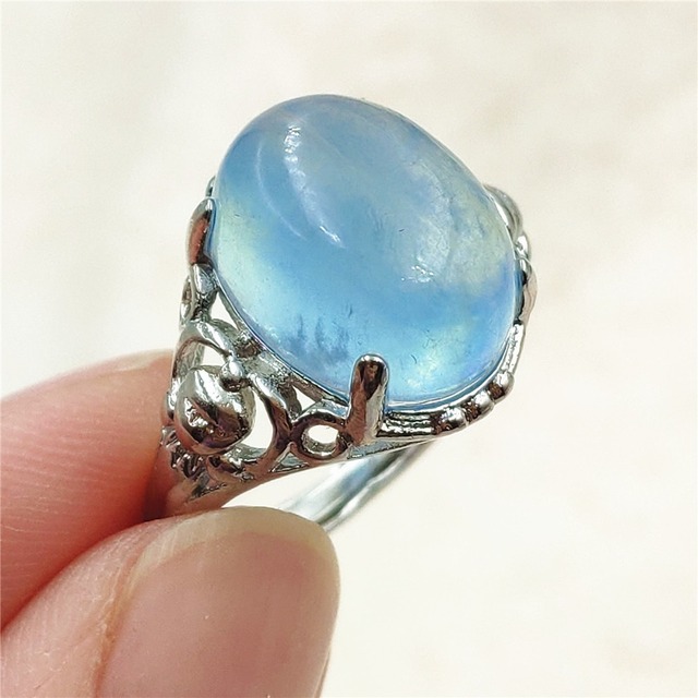 Pierścień z naturalnym niebieskim akwamarynem, kryształem jasnym koralikiem i srebrnym prostokątnym owalnym 925 pierścieniem AAAAA - Wianko - 100