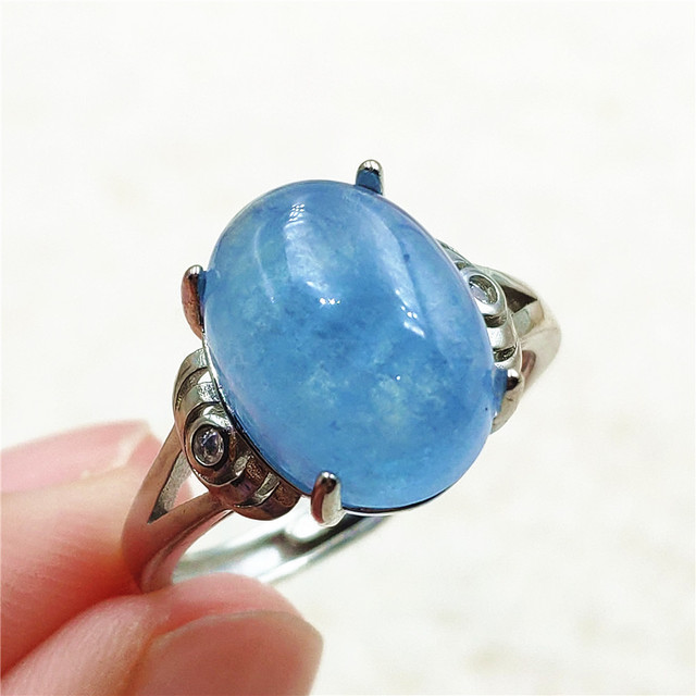 Pierścień z naturalnym niebieskim akwamarynem, kryształem jasnym koralikiem i srebrnym prostokątnym owalnym 925 pierścieniem AAAAA - Wianko - 16