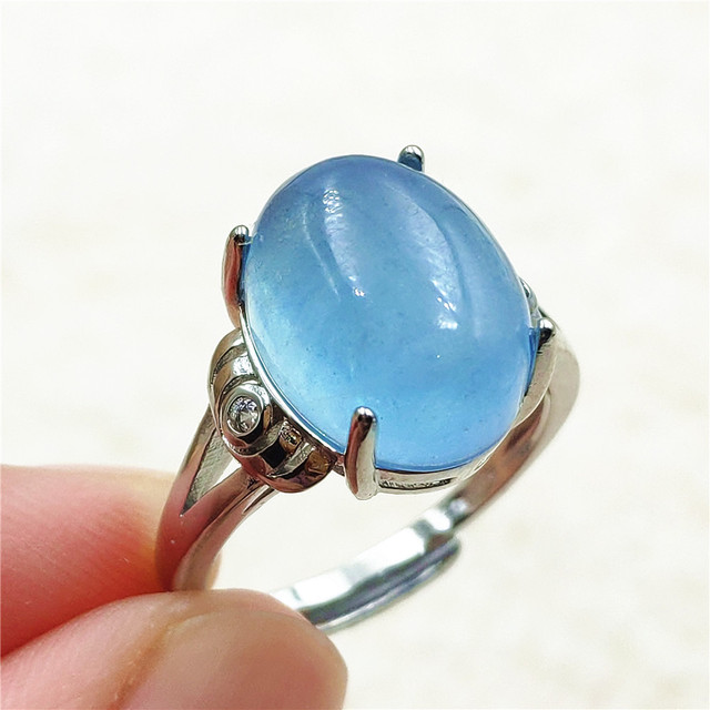 Pierścień z naturalnym niebieskim akwamarynem, kryształem jasnym koralikiem i srebrnym prostokątnym owalnym 925 pierścieniem AAAAA - Wianko - 20