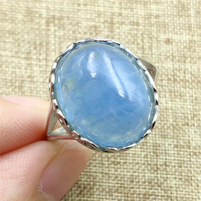 Pierścień z naturalnym niebieskim akwamarynem, kryształem jasnym koralikiem i srebrnym prostokątnym owalnym 925 pierścieniem AAAAA - Wianko - 76