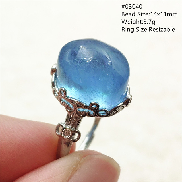 Pierścień z naturalnym niebieskim akwamarynem, kryształem jasnym koralikiem i srebrnym prostokątnym owalnym 925 pierścieniem AAAAA - Wianko - 67