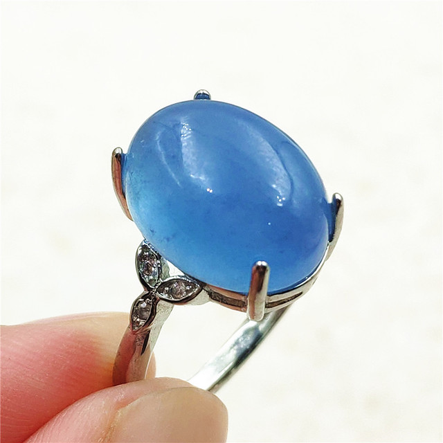 Pierścień z naturalnym niebieskim akwamarynem, kryształem jasnym koralikiem i srebrnym prostokątnym owalnym 925 pierścieniem AAAAA - Wianko - 26