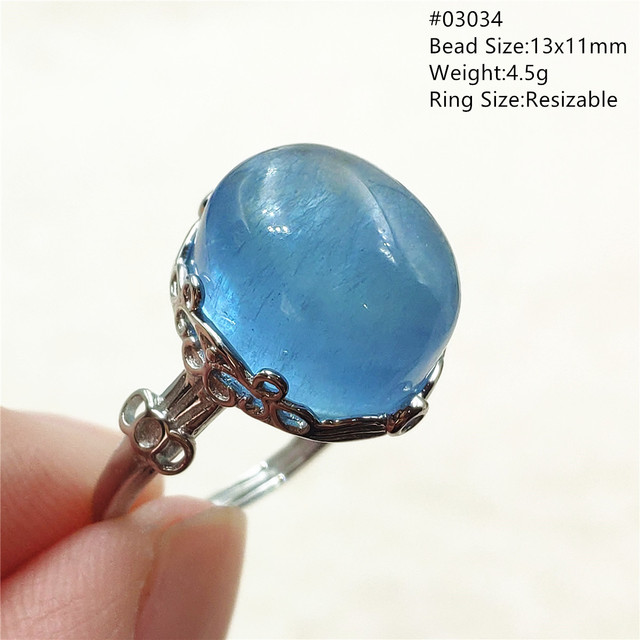 Pierścień z naturalnym niebieskim akwamarynem, kryształem jasnym koralikiem i srebrnym prostokątnym owalnym 925 pierścieniem AAAAA - Wianko - 55