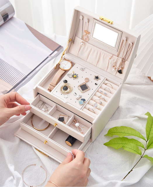 Organizer biżuterii WE, 3 warstwy skórzane pudełko, naszyjnik, kolczyki, pierścionki, prezenty - Wianko - 7