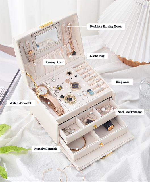 Organizer biżuterii WE, 3 warstwy skórzane pudełko, naszyjnik, kolczyki, pierścionki, prezenty - Wianko - 8