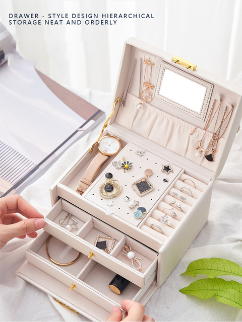 Organizer biżuterii WE, 3 warstwy skórzane pudełko, naszyjnik, kolczyki, pierścionki, prezenty - Wianko - 19