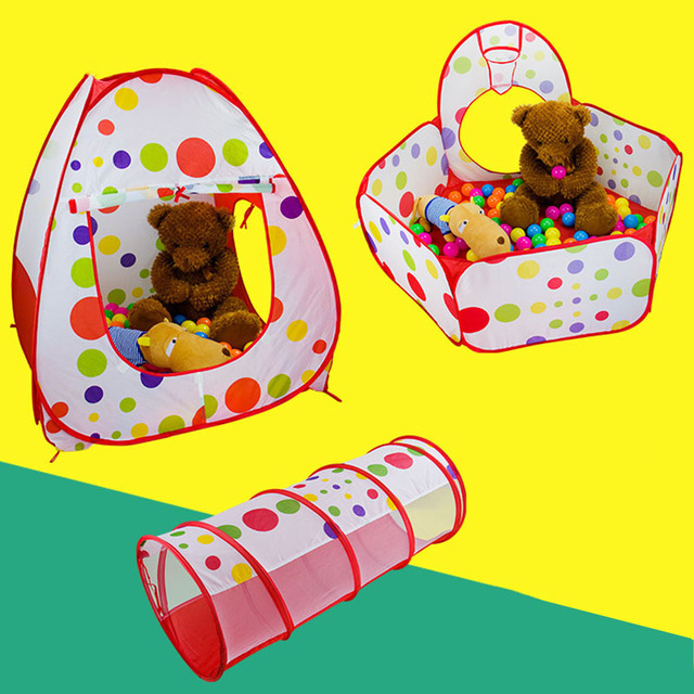 Namiot dziecięcy 3w1 składany z placem zabaw, kojcem i basenem z piłkami - poliestrowe tunele - Wianko - 2