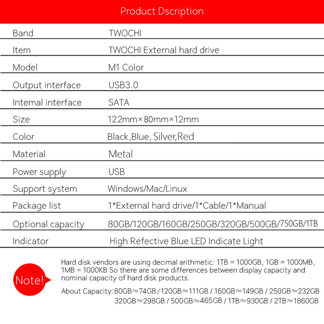 Zewnętrzny dysk twardy TWOCHI USB3.0 HDD - 2TB/1TB/500GB, przechowywanie na PC, Mac, Tablet, Xbox, PS4, PS5, TV - 4 kolor - Wianko - 1