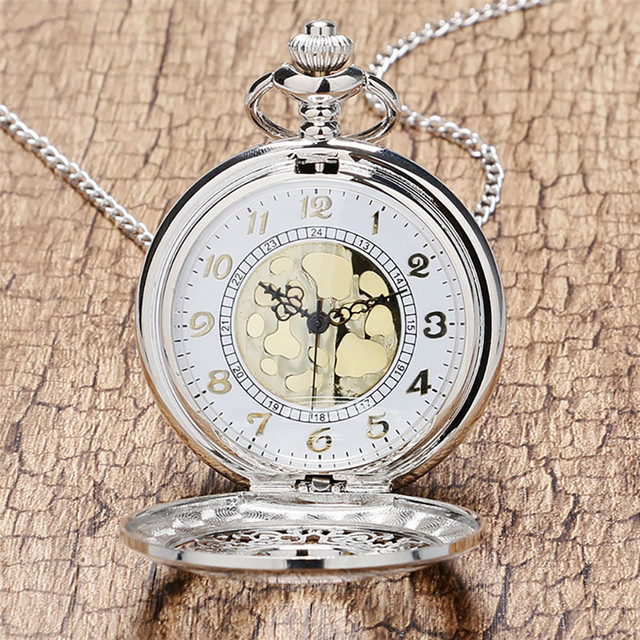 Srebrny wisiorek zegarka kieszonkowego Fob z naszyjnikiem dla kobiet i mężczyzn - Wianko - 2