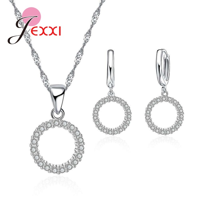 Zestaw biżuterii ze srebrnymi kolczykami i naszyjnikiem, zdobionymi kryształami 925 Sterling Silver, okrągły kształt, mała powierzchnia - Wianko - 3