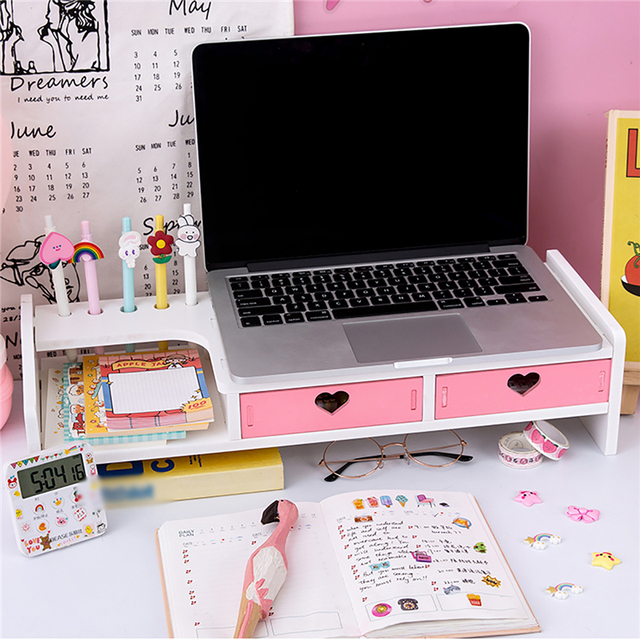 Stojak na ekran do laptopa zwiększający przestrzeń biurkową, w kształcie serca z szufladą na długopisy i półkami - Wianko - 3