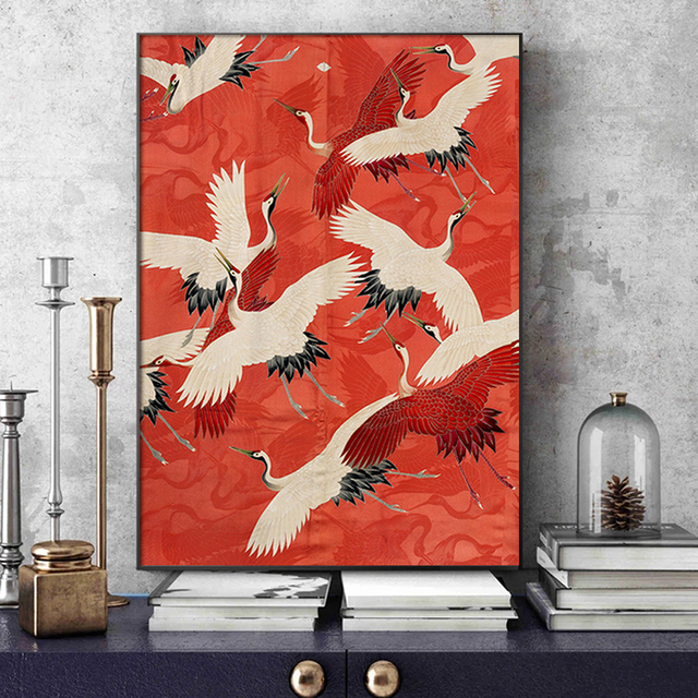Obraz na płótnie: Abstrakcyjny retro czerwony biały ptak zwierzęcy plakat do wystroju ściany salonu - Wianko - 5