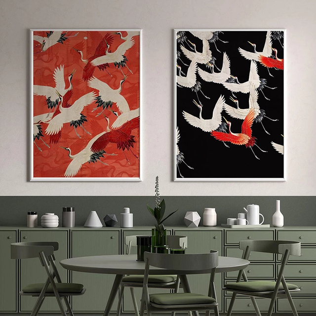 Obraz na płótnie: Abstrakcyjny retro czerwony biały ptak zwierzęcy plakat do wystroju ściany salonu - Wianko - 4