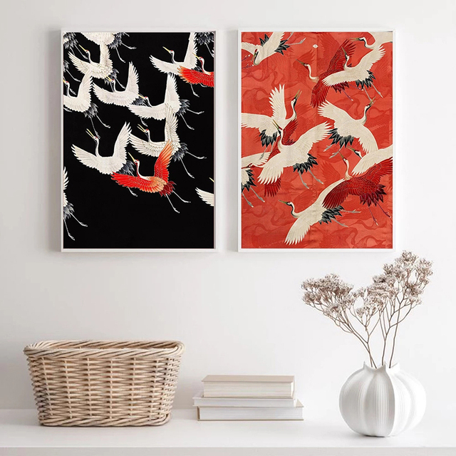 Obraz na płótnie: Abstrakcyjny retro czerwony biały ptak zwierzęcy plakat do wystroju ściany salonu - Wianko - 7