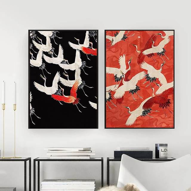 Obraz na płótnie: Abstrakcyjny retro czerwony biały ptak zwierzęcy plakat do wystroju ściany salonu - Wianko - 3