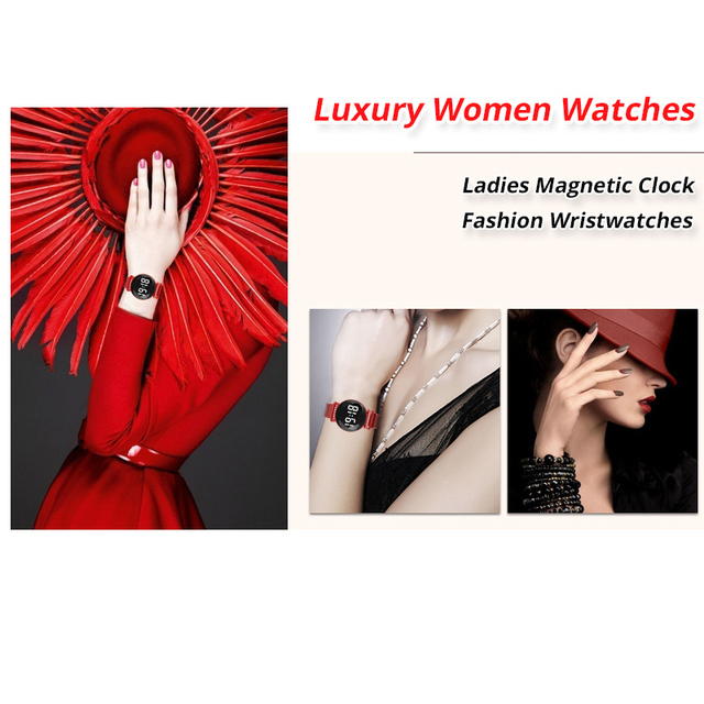 Złoty zegarek damski z luksusowym ekranem dotykowym LED, magnetyczna bransoletka, kwarcowy mechanizm - Wianko - 3