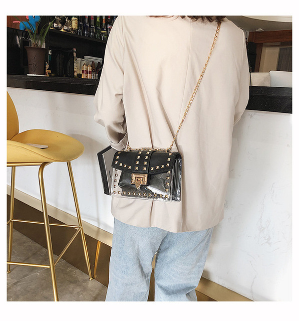 Mała jasna marka projektantka- nowa moda: torba torebka na ramię z łańcuszkiem, kobiece nity, przezroczyste kwadratowe PU - Wianko - 31
