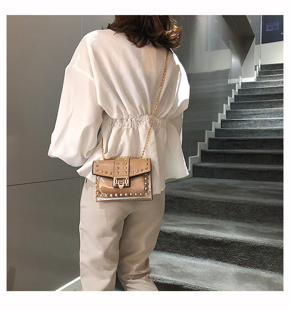Mała jasna marka projektantka- nowa moda: torba torebka na ramię z łańcuszkiem, kobiece nity, przezroczyste kwadratowe PU - Wianko - 33