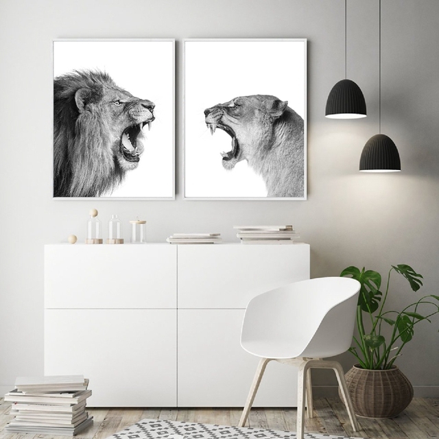 Obraz ściany na płótnie Czarny biały lew zwierząt - plakat nadrukowany na płótnie Nodic, fotografia natury, idealny do dekoracji salonu - Wianko - 2