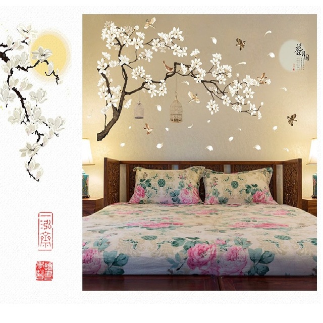 Naklejka ściany w chińskim stylu - rośliny, księżyc, sypialnia/dziecięcy pokój, wymienny mural, dekoracja ściany - Wianko - 8