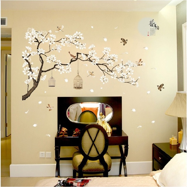 Naklejka ściany w chińskim stylu - rośliny, księżyc, sypialnia/dziecięcy pokój, wymienny mural, dekoracja ściany - Wianko - 9