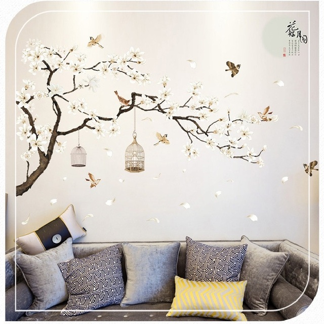 Naklejka ściany w chińskim stylu - rośliny, księżyc, sypialnia/dziecięcy pokój, wymienny mural, dekoracja ściany - Wianko - 6
