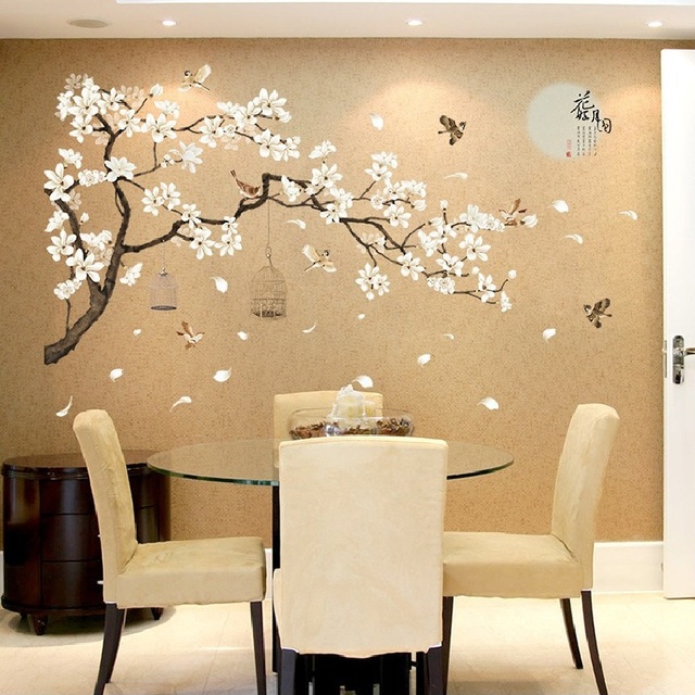Naklejka ściany w chińskim stylu - rośliny, księżyc, sypialnia/dziecięcy pokój, wymienny mural, dekoracja ściany - Wianko - 5